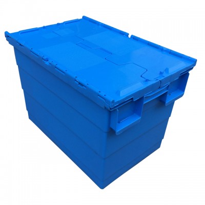 600*400*415mm plastic moving crate manufacturer attached lid plastic totes